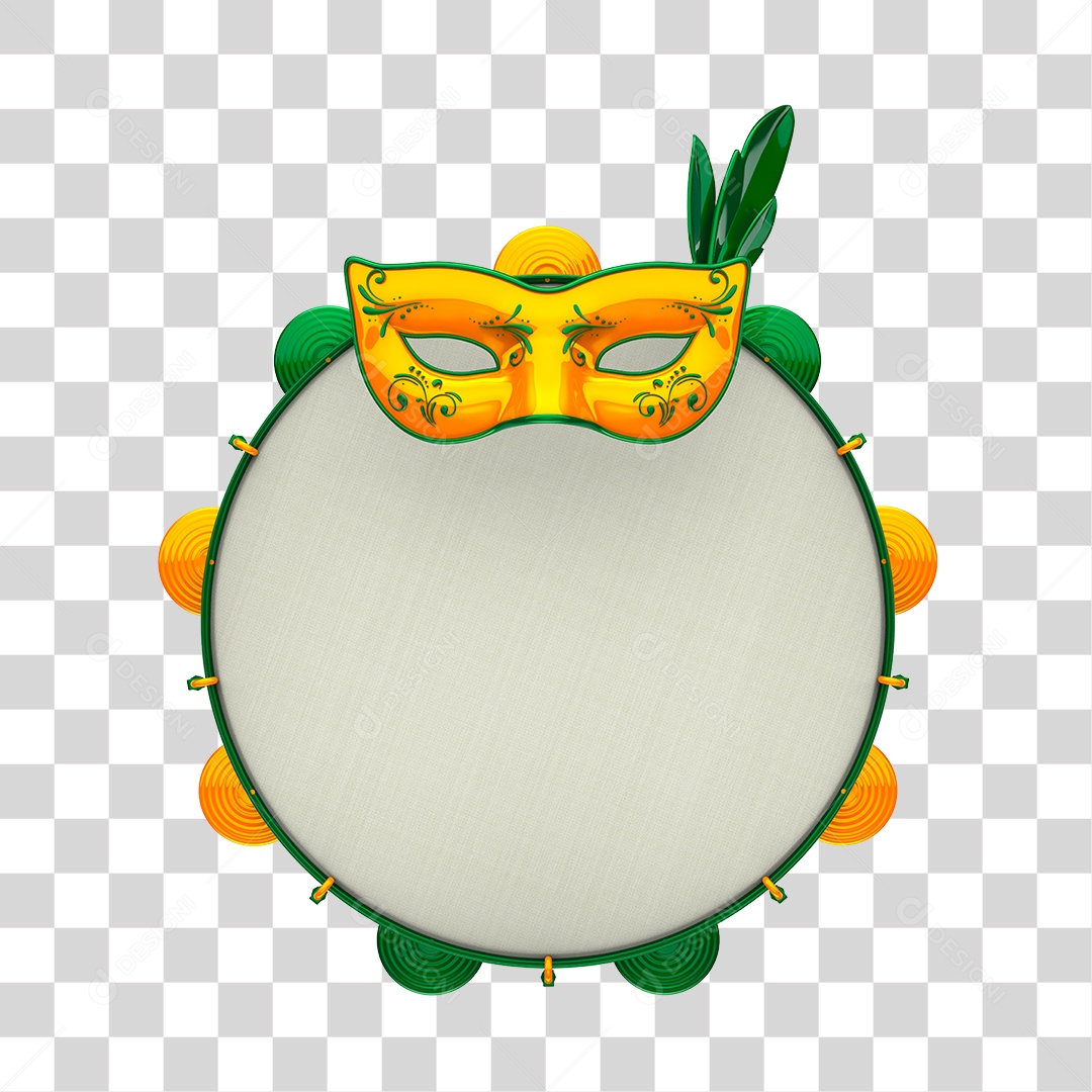 Pandeiro e Máscara de Carnaval Elemento 3D Amarelo e Verde PNG Transparente
