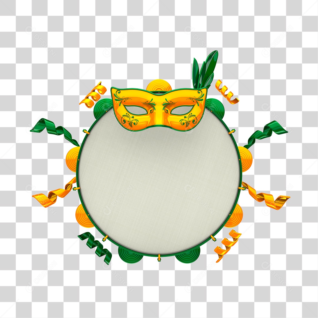 Pandeiro e Máscara de Carnaval Elemento 3D Amarelo e Verde PNG Transparente