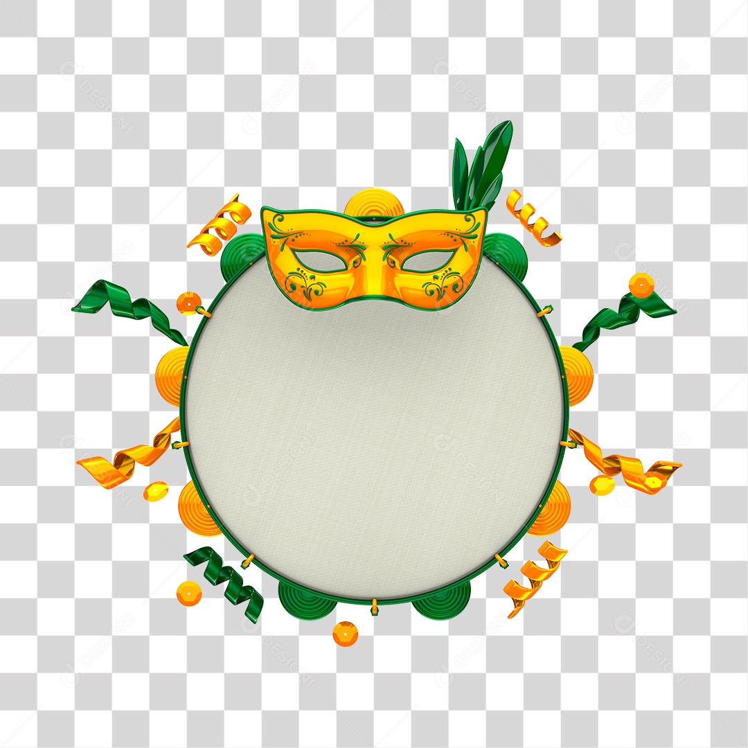 Pandeiro e Máscara de Carnaval Elemento 3D Amarelo e Verde PNG Transparente