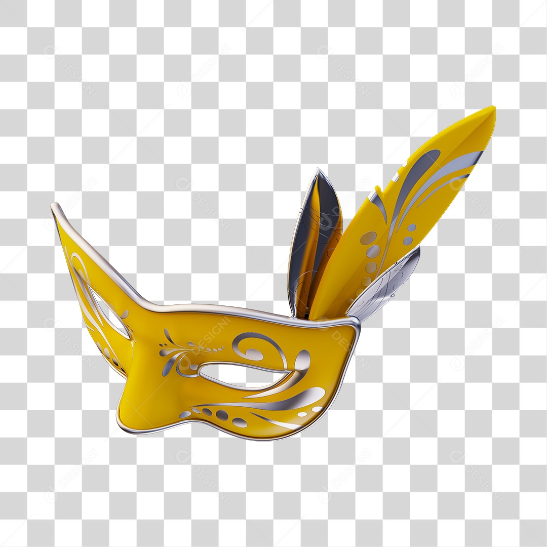Máscara de Carnaval Elemento 3D Amarela e Cinza PNG Transparente