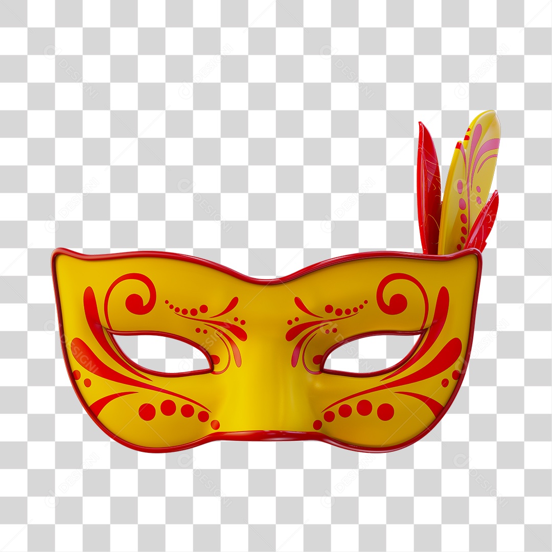 Máscara de Carnaval Elemento 3D Amarelo e Vermelho PNG Transparente