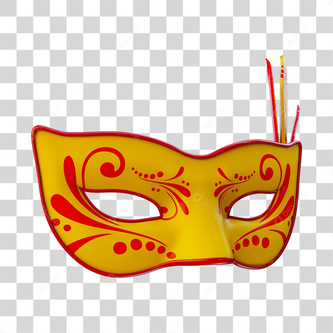 Máscara de Carnaval Elemento 3D Amarelo e Vermelho PNG Transparente
