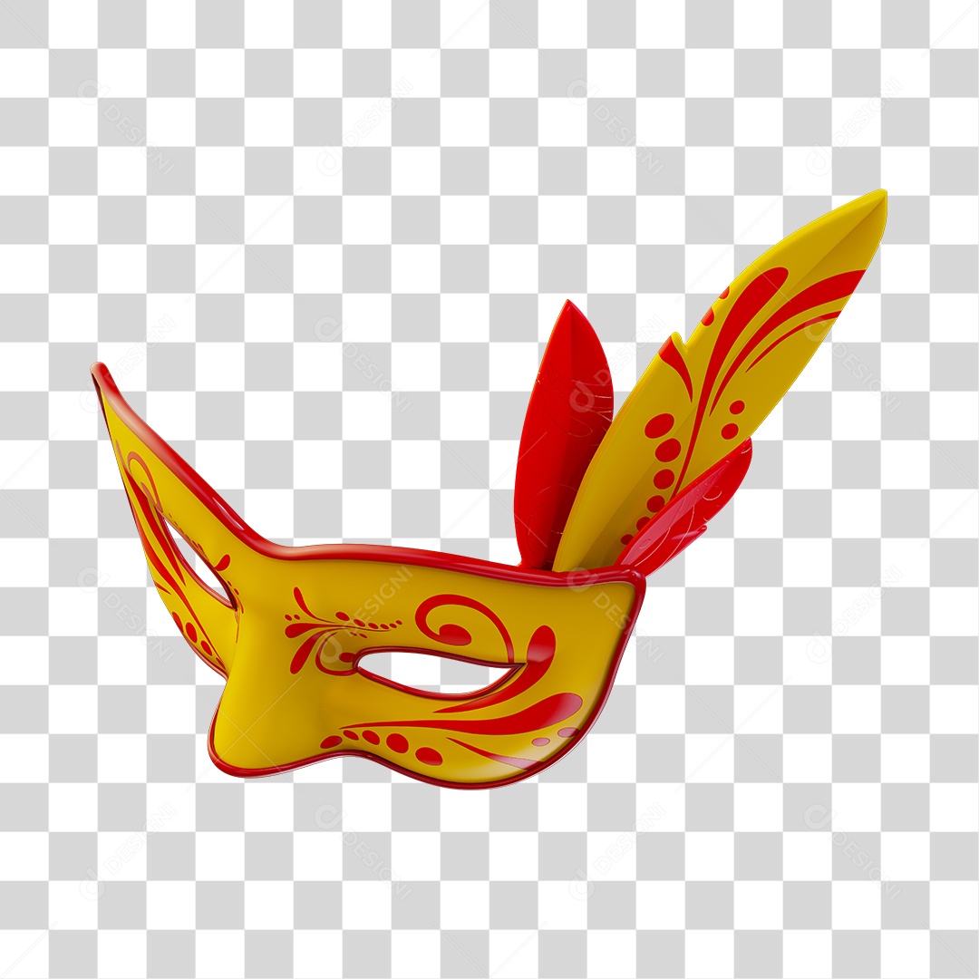 Máscara de Carnaval Elemento 3D Amarelo e Vermelho PNG Transparente