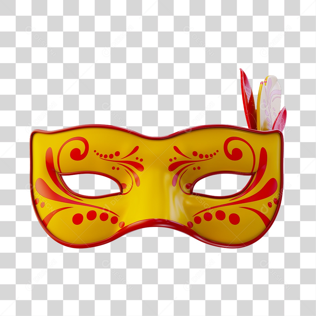 Máscara de Carnaval Elemento 3D Amarelo e Vermelho PNG Transparente