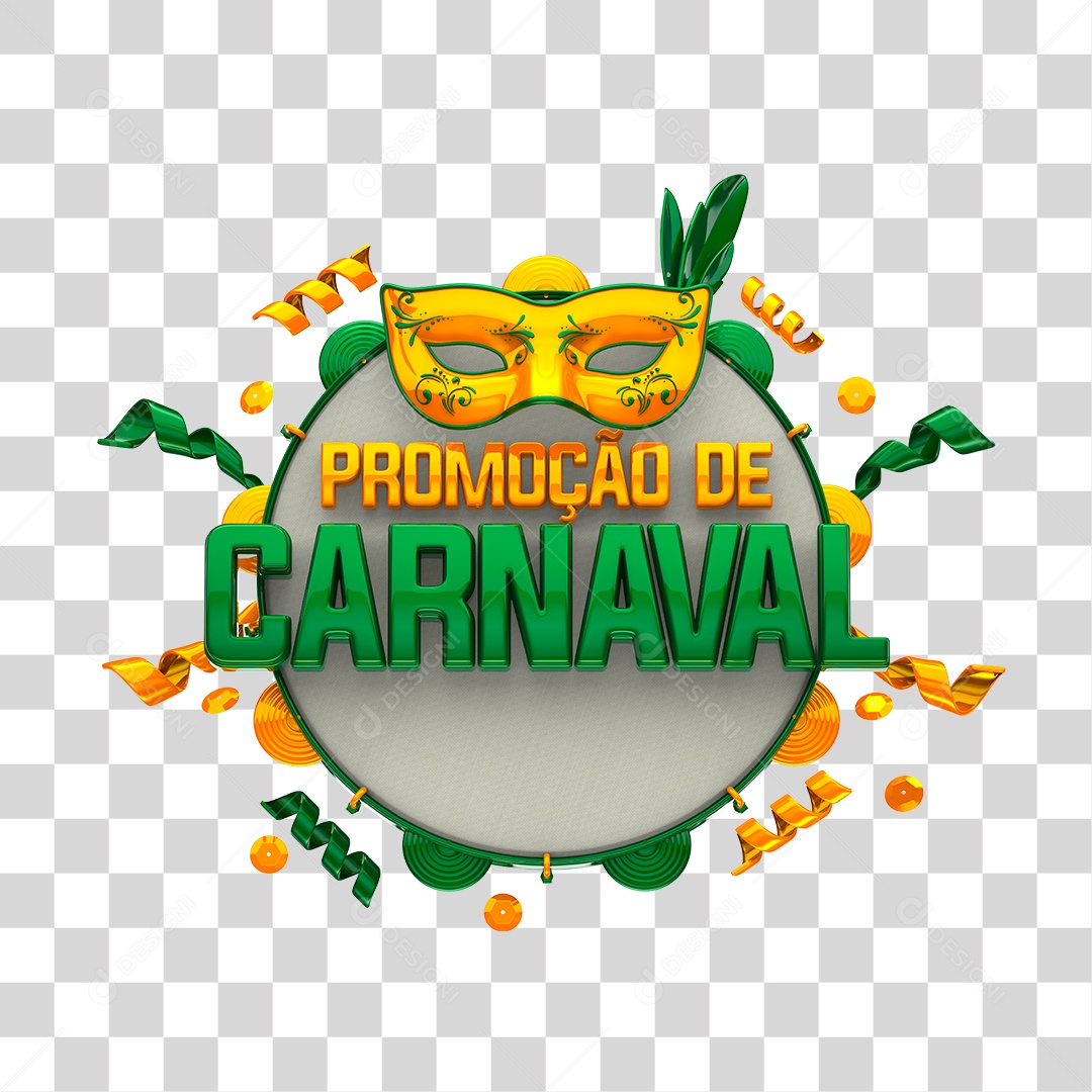 Promoção de Carnaval Selo 3D Verde e Amarelo para Composição PNG Transparente
