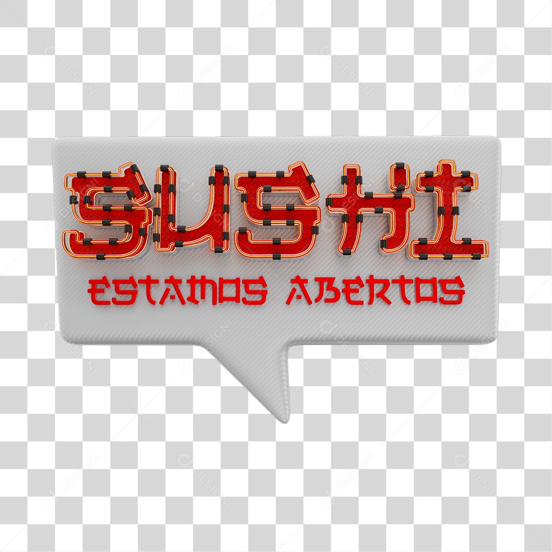 Sushi Estamos Abertos Selo 3D Vermelho e Branco PNG Transparente