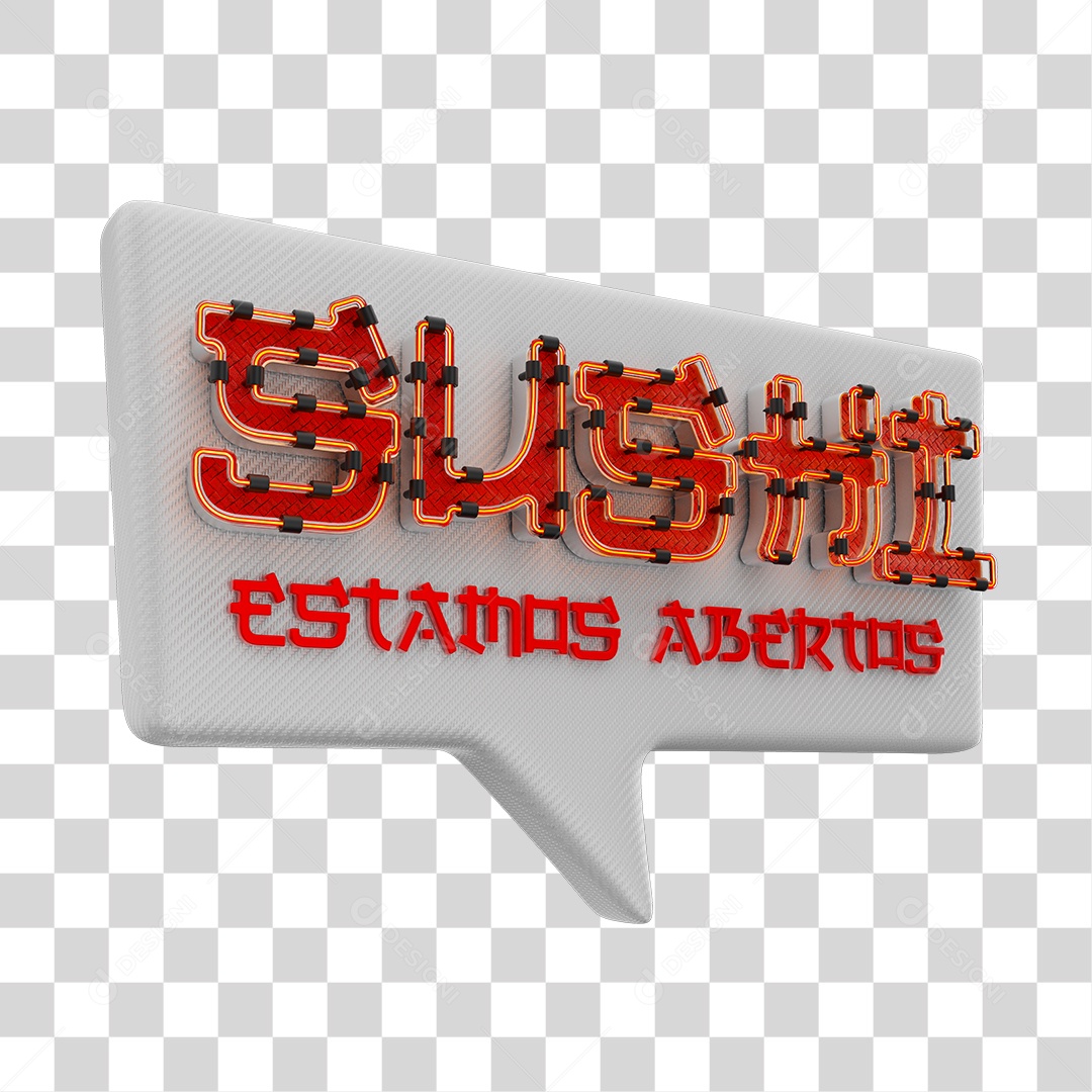 Sushi Estamos Abertos Selo 3D Vermelho e Branco PNG Transparente