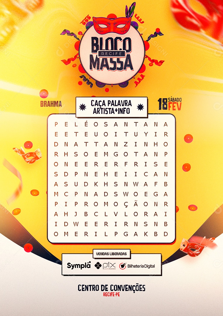Bloco Recife Massa Caça Palavras Artista Carnaval Flyer Social Media PSD Editável