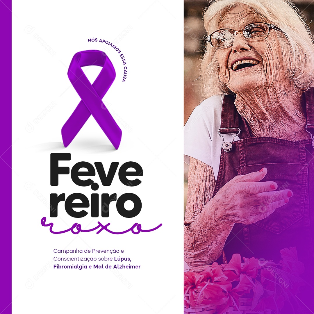 Fevereiro Roxo Mês de Prevenção e Conscientização Sobre Lúpus Fibromialgia Mal de Alzheimer Social Media PSD Editável