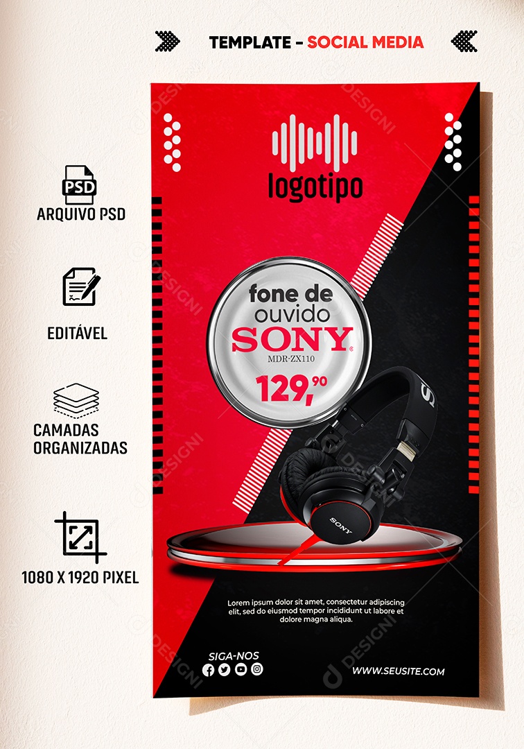 Post Stories Fone de Ouvido Sony Social Media PSD Editável