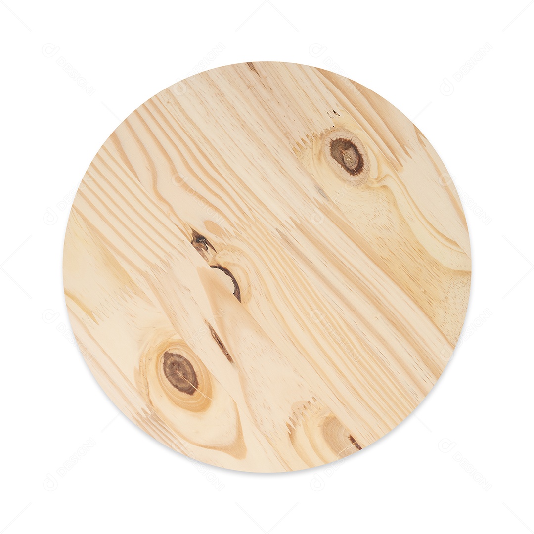 Tábua de pizza redonda de madeira isolada sobre fundo branco