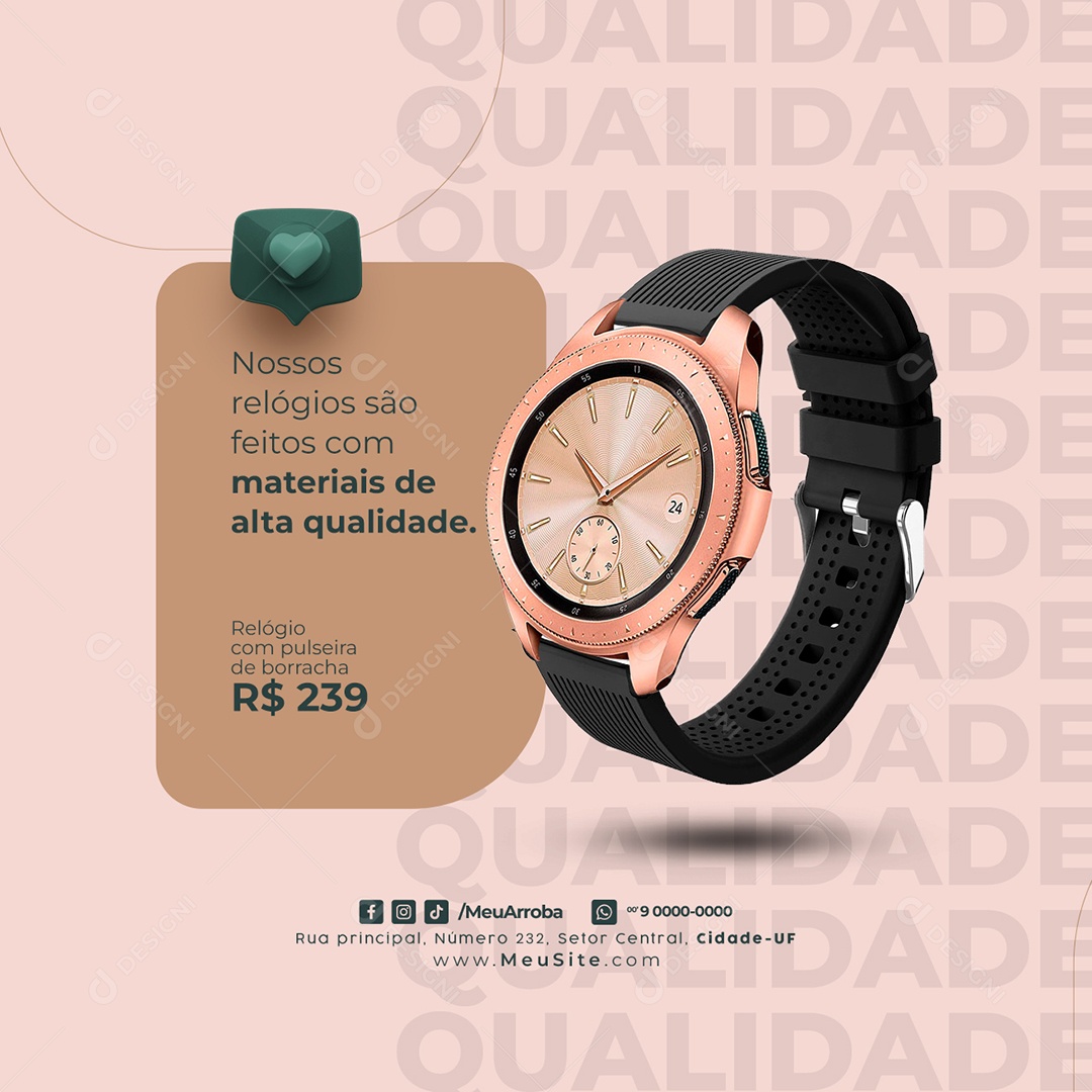 Nossos Relógios São Feitos com Materiais de Alta Qualidade Relojoaria Social Media PSD Editável