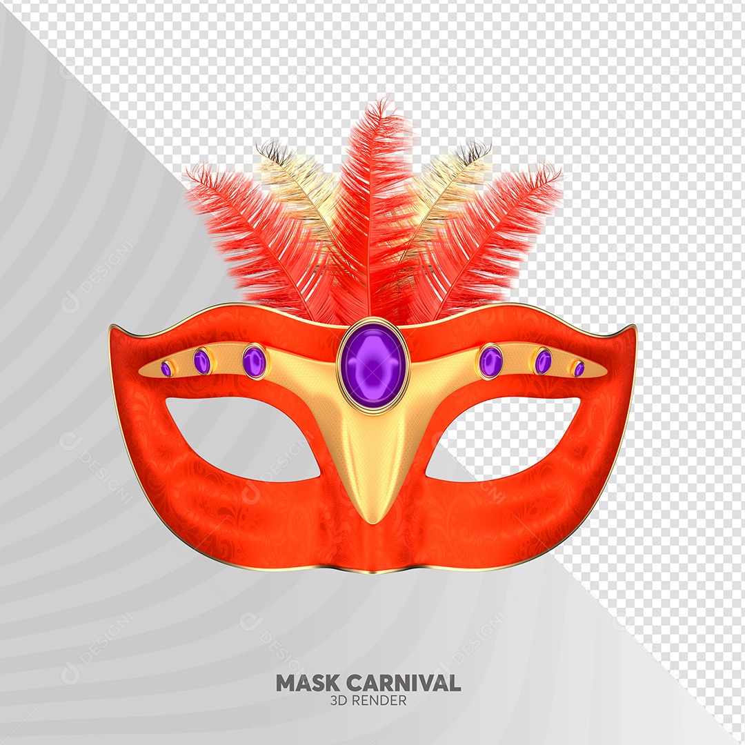 Elemento 3D de Carnaval Máscara Laranja PSD + PNG Transparente Sem Fundo