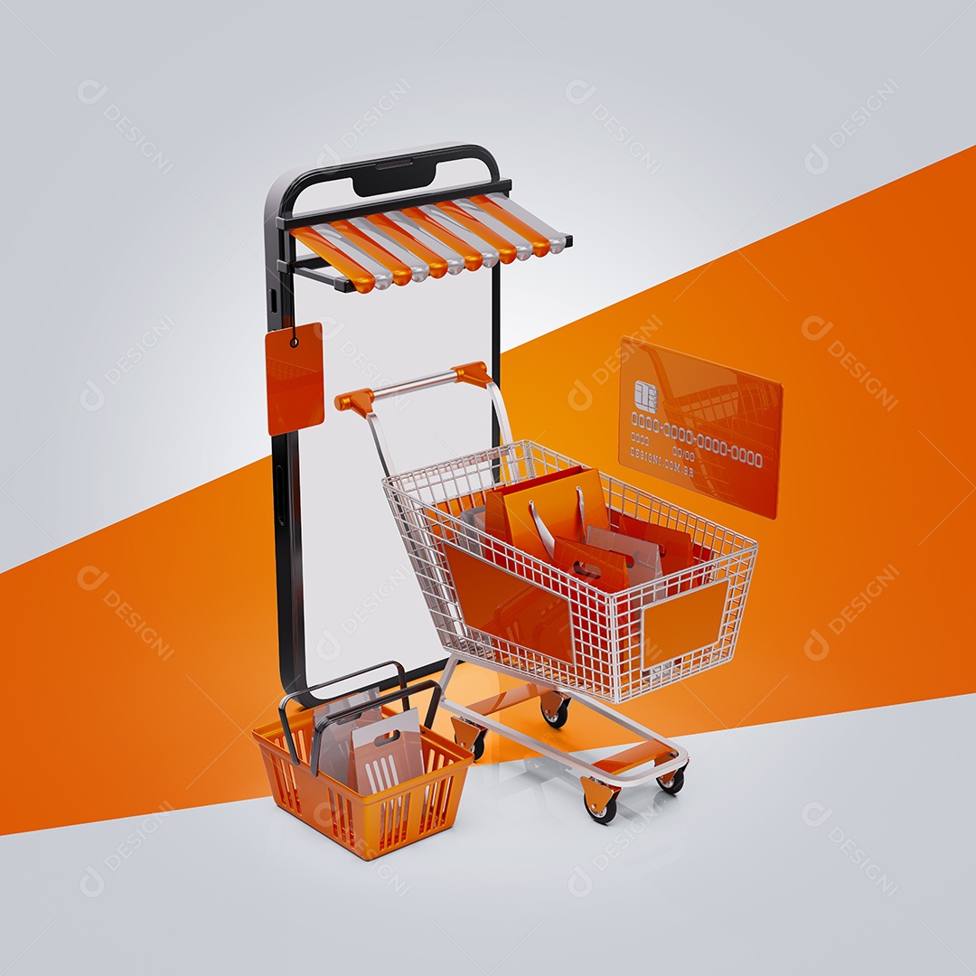 Carrinho de Compra e Celular Elemento 3D para Composição PSD