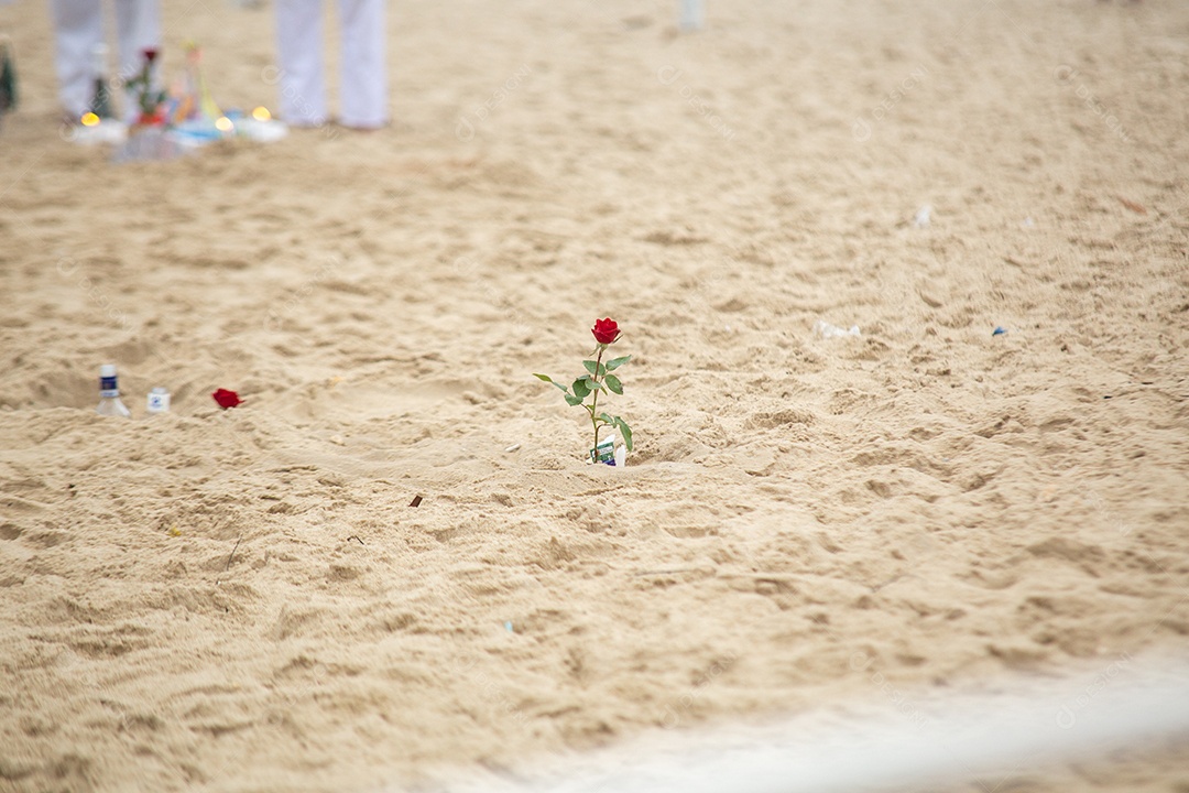 Flores em homenagem a iemanjá, durante festa na praia de Copacabana.