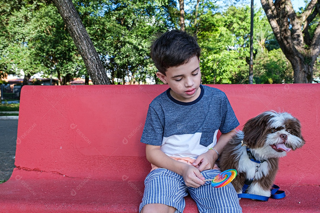 Menino de 8 anos sentado em um banco de concreto, oferecendo seu pirulito para seu cachorro