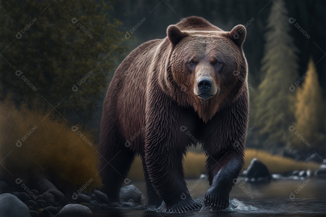 Grande urso pardo em seu habitat. Debaixo dágua Ensolarado