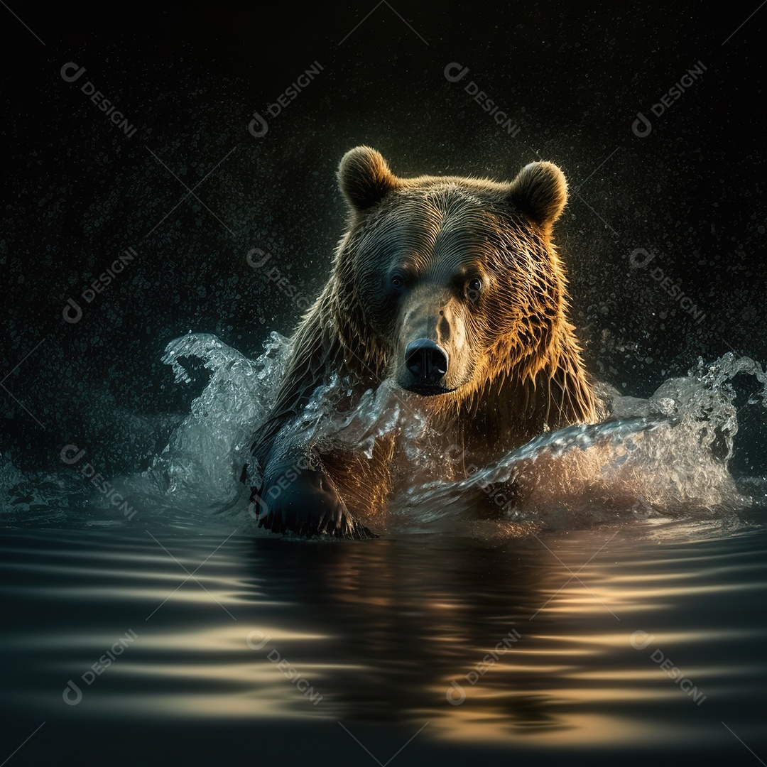 Grande urso pardo em seu habitat. Debaixo dágua Ensolarado