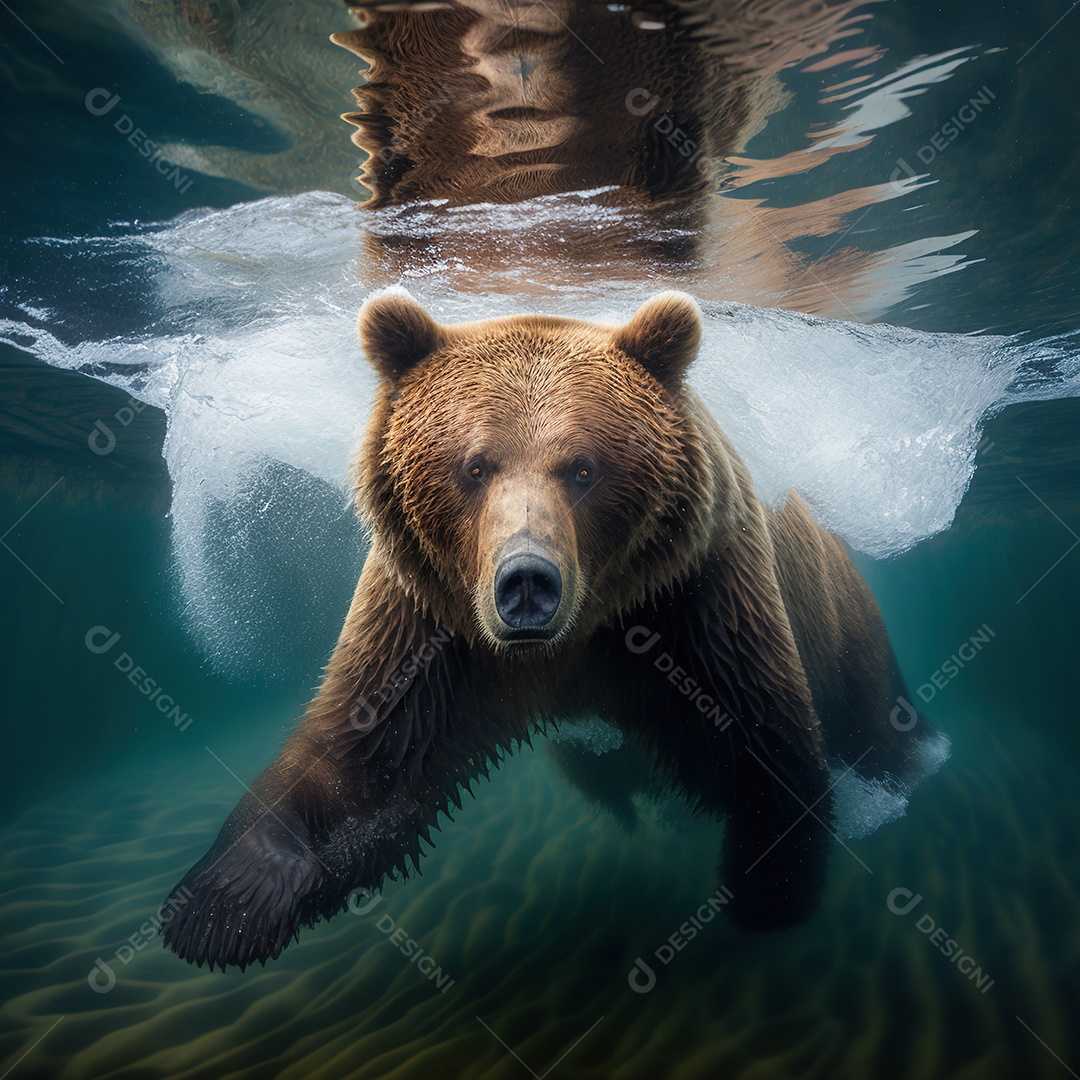 Grande urso pardo em seu habitat. Debaixo dágua Ensolarado