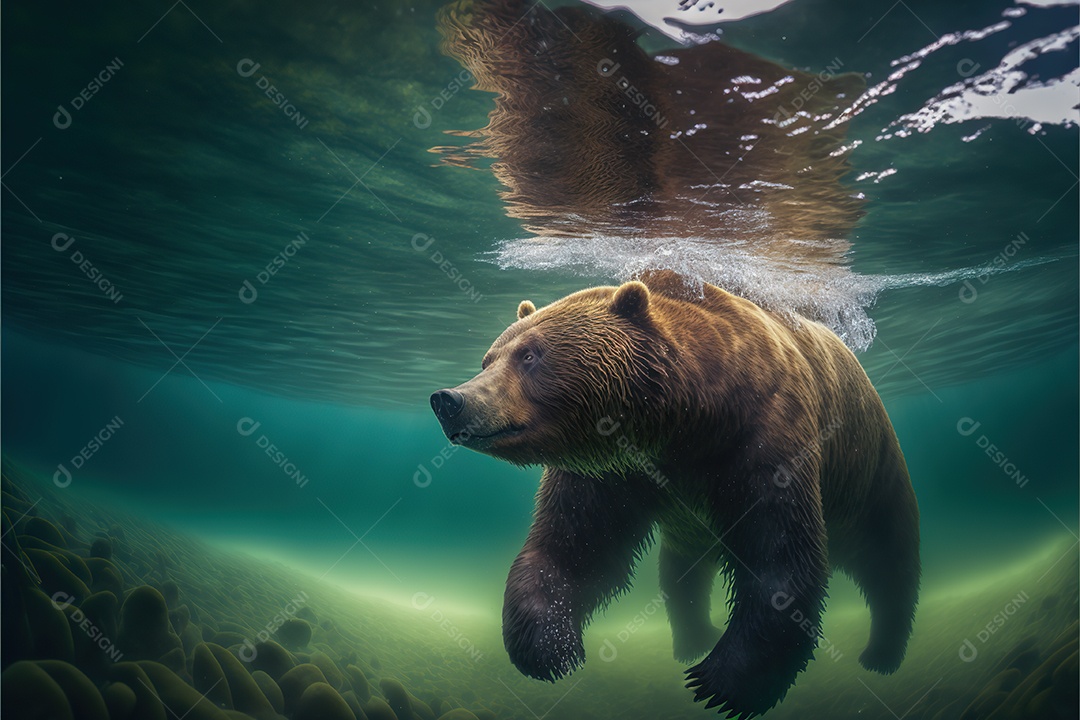 Grande urso pardo em seu habitat. Debaixo dágua Ensolarado