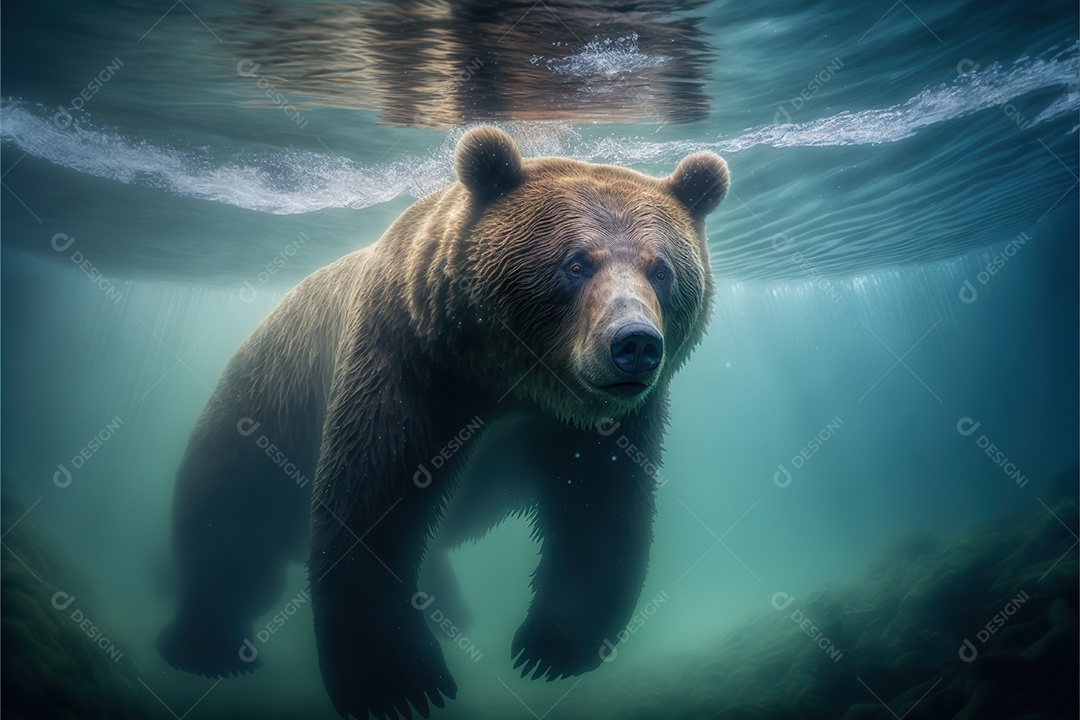 Grande urso pardo em seu habitat. Debaixo dágua Ensolarado