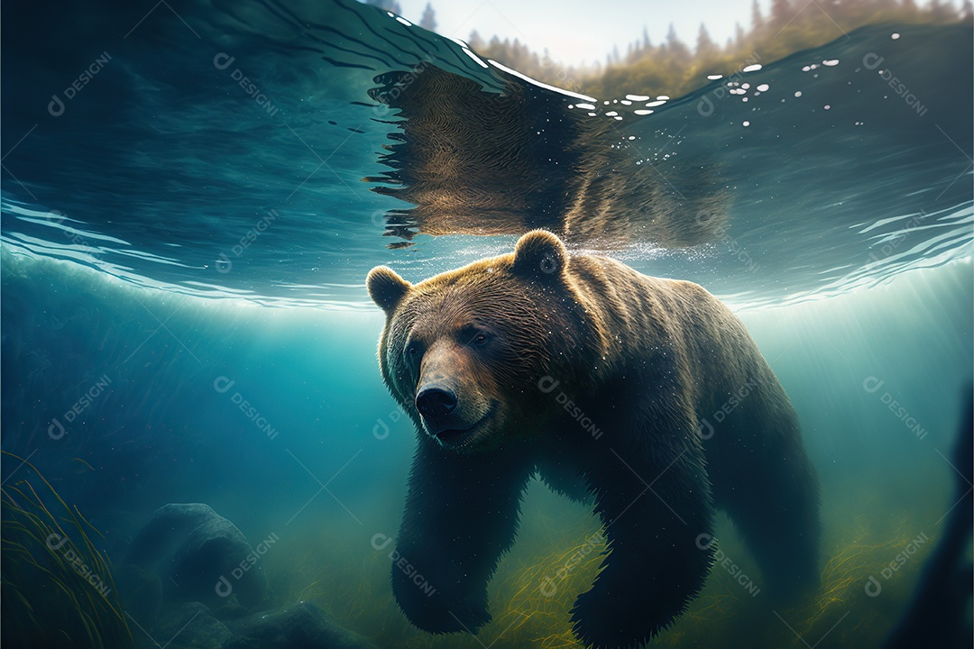 Grande urso pardo em seu habitat. Debaixo dágua Ensolarado