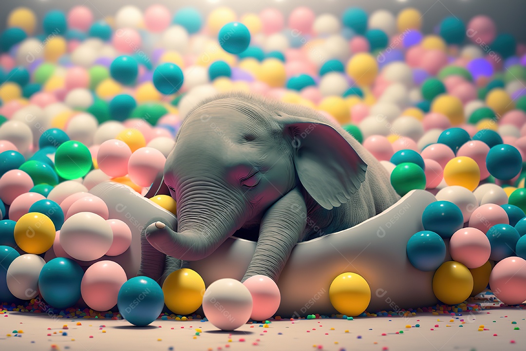 Adorável bebê elefante dormindo em uma piscina de bolinhas. fofo, engraçado