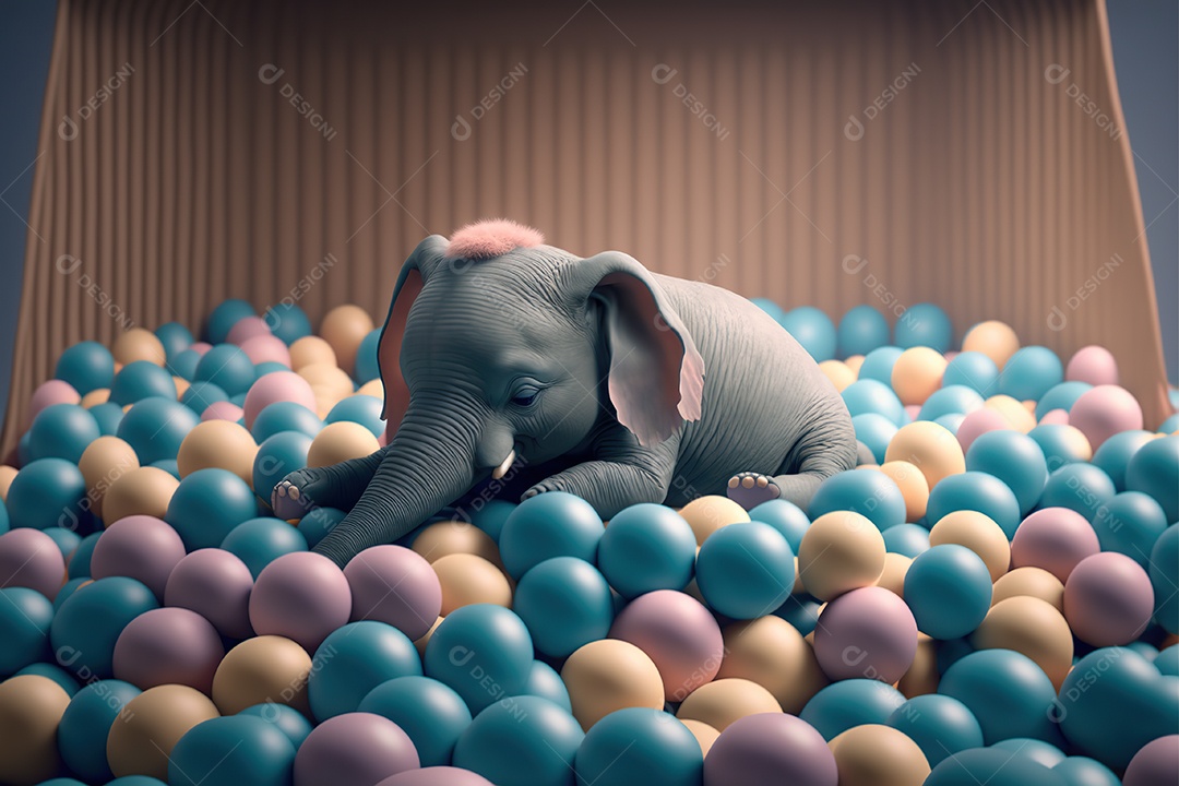 Adorável bebê elefante dormindo em uma piscina de bolinhas. fofo, engraçado