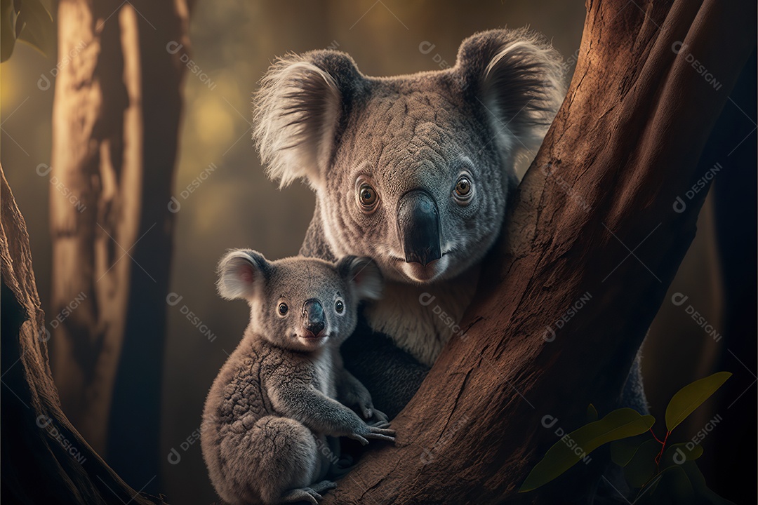 Vida selvagem, coala adorável com filhote, fofo.
