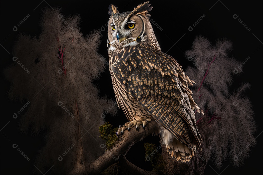 Linda coruja em um galho no alto da floresta, noite