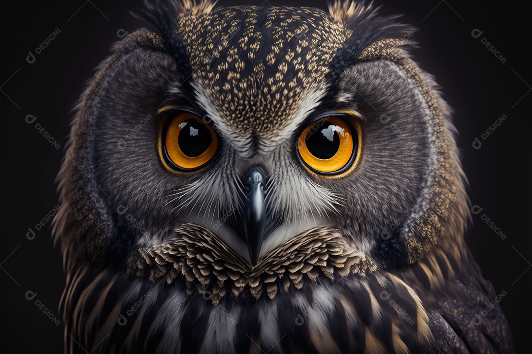 Linda coruja em um galho no alto da floresta, noite