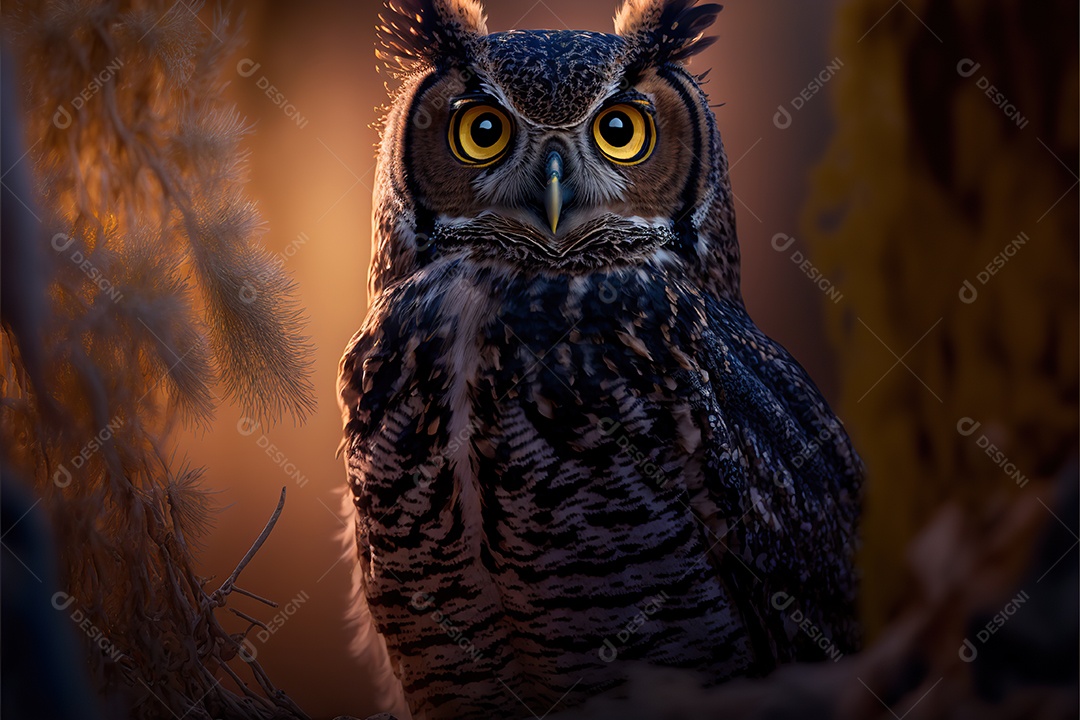 Linda coruja em um galho no alto da floresta