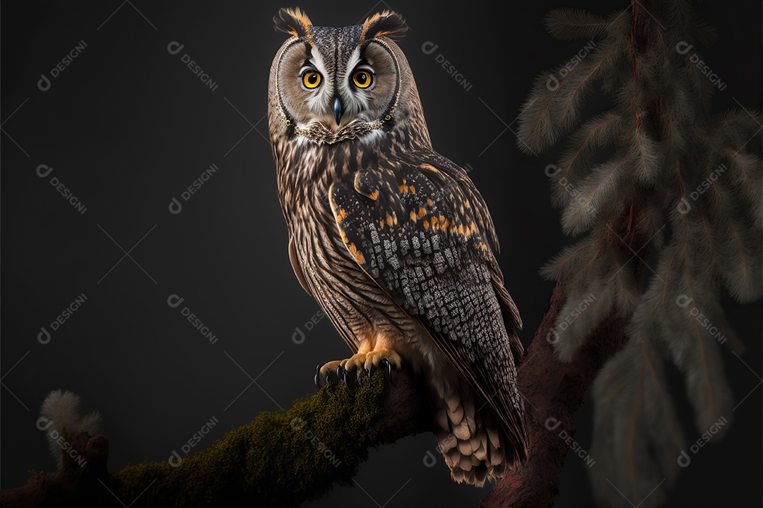 Linda coruja em um galho no alto da floresta