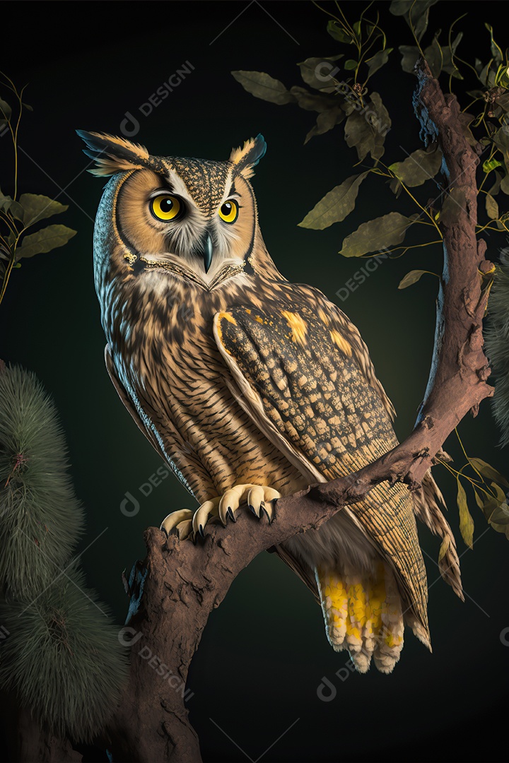 Linda coruja em um galho no alto da floresta, noite