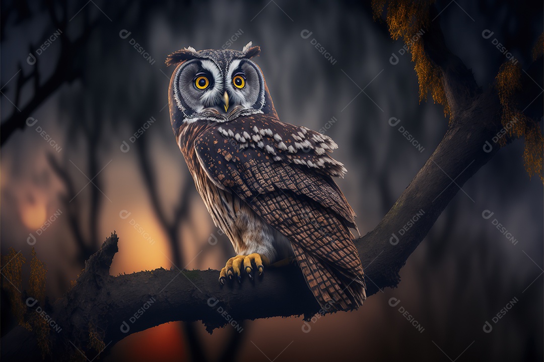 Linda coruja em um galho no alto da floresta