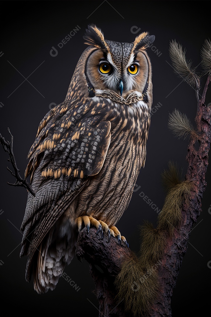 Linda coruja em um galho no alto da floresta