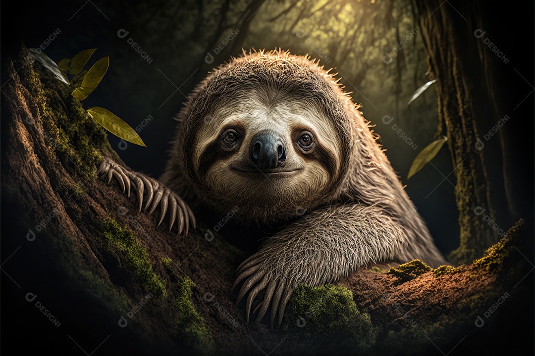 Preguiça em seu habitat natural, observando de um galho alto. Engraçado.