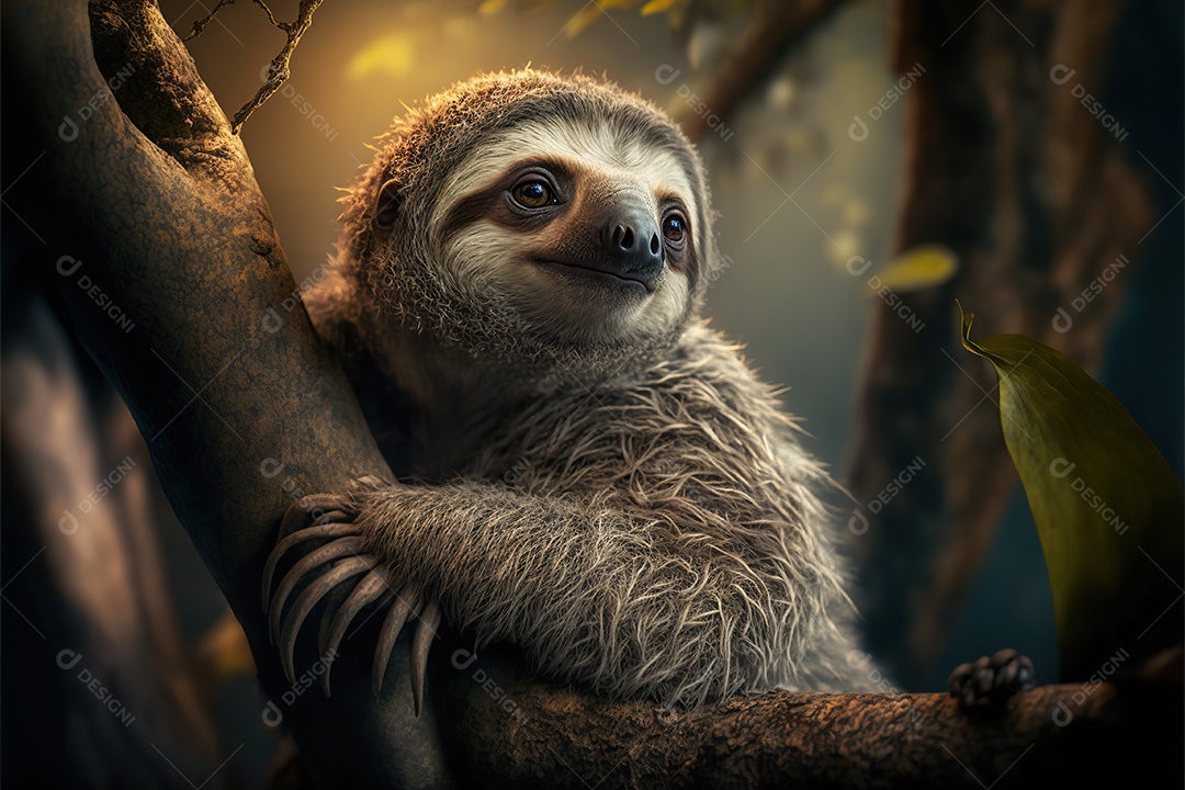 Preguiça em seu habitat natural, observando de um galho alto. Engraçado.