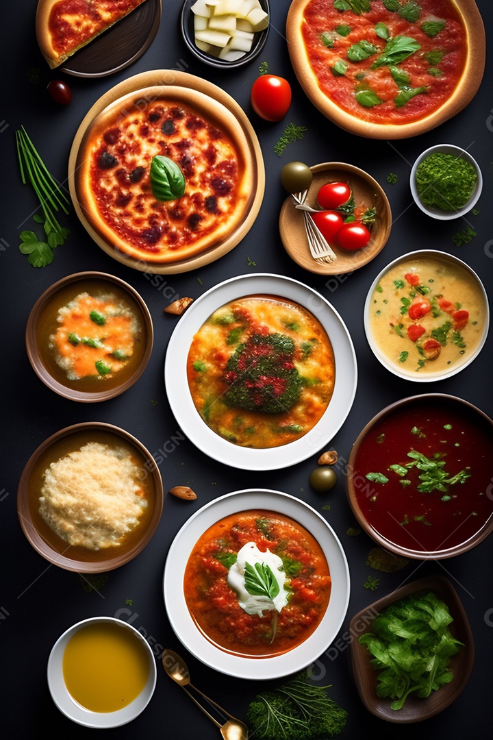 Pratos de comida alimento sobre uma mesa madeira Imagem inteligência artificial