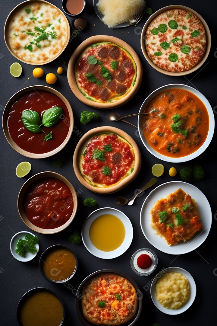 Pratos de comida alimento sobre uma mesa madeira Imagem inteligência artificial