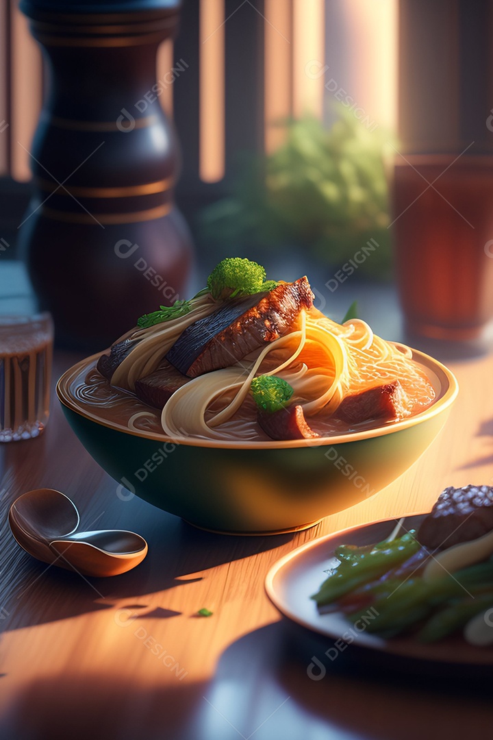 Pratos de comida alimento sobre uma mesa madeira Imagem inteligência artificial