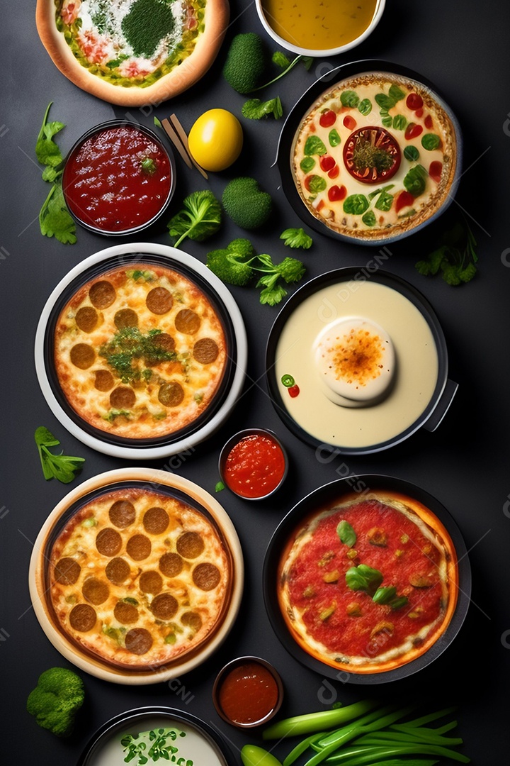 Pratos de comida alimento sobre uma mesa madeira Imagem inteligência artificial