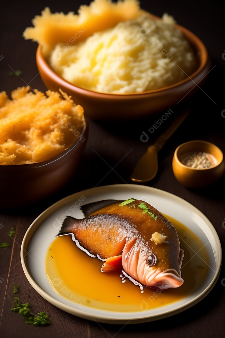 Pratos de comida alimento sobre uma mesa madeira Imagem inteligência artificial