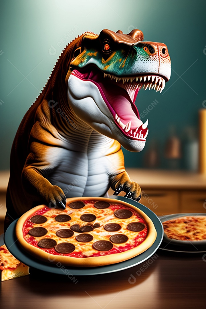 Dinossauro comendo pizza com inteligência artificial