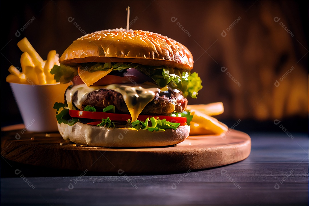 Hambúrguer sobre uma mesa madeira comida