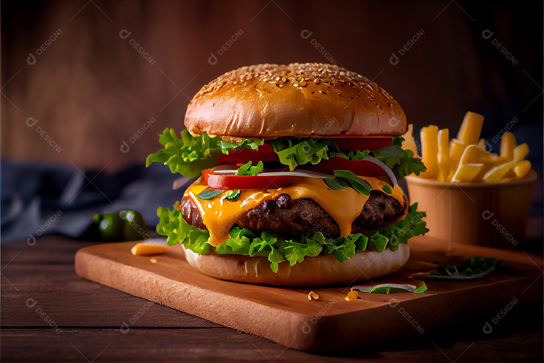 Hambúrguer sobre uma mesa madeira comida