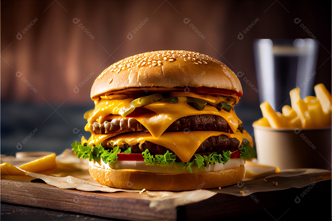 Hambúrguer sobre uma mesa madeira comida