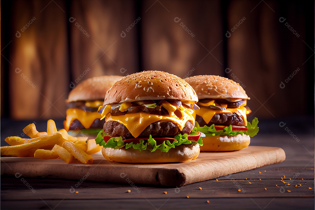 Hambúrguer sobre uma mesa madeira comida