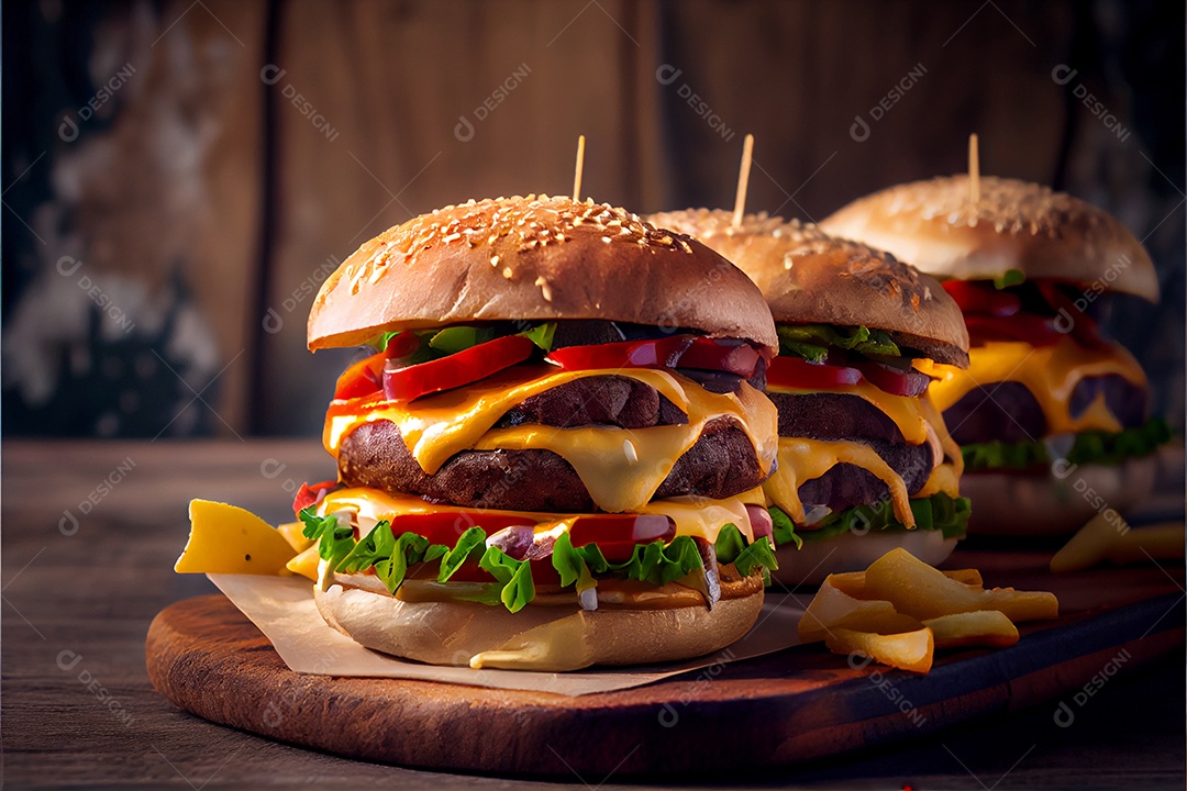 Hambúrguer sobre uma mesa madeira comida