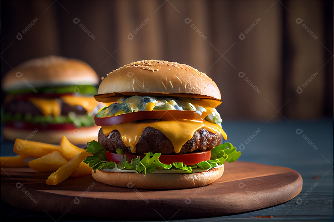 Hambúrguer sobre uma mesa madeira comida